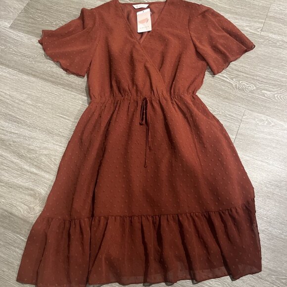 KIRUNDO M Rust Orange Fall V Neck Flowy Swiss Dot Loose Casual Short Dress - Picture 1 of 3